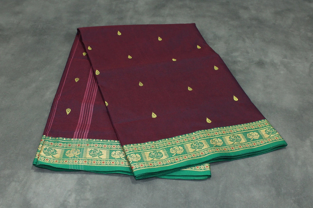 Dark Purple Poly Cotton Butta Saree with Green Threaded Border Saree JCS Fashions