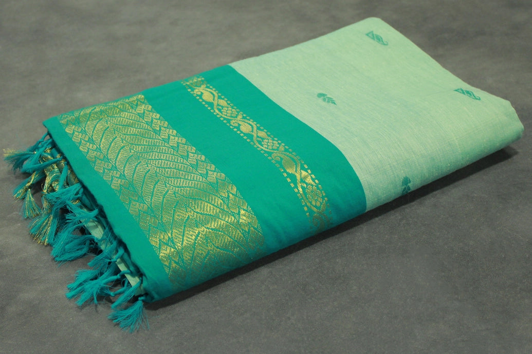 Mint Blue Kalyani Cotton Saree with Puttas and Zari Border & Blouse