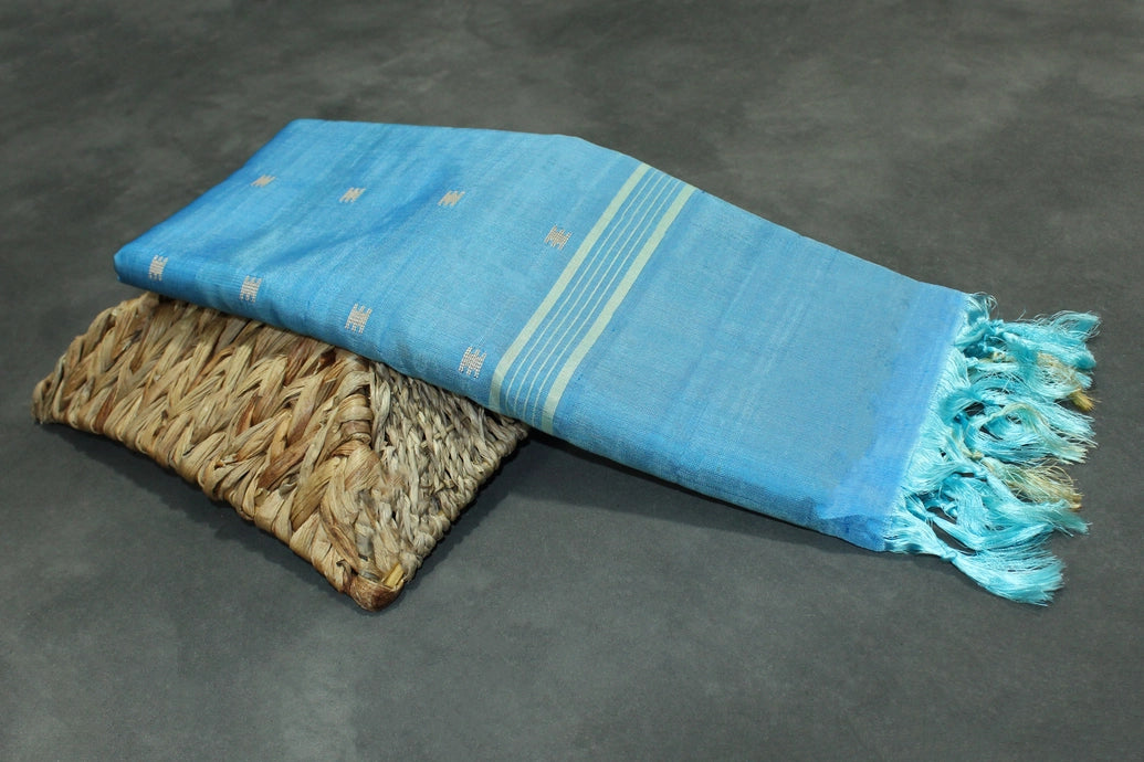 Sea Blue Vaazhai Naar (Banana Pith) Borderless Saree with Small Butta - from Aruppukottai