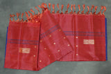 Vaazhai Naar (Banana Pith) Borderless Saree in Red with Contrasting Blue Pallu, Small Buttas & Fringed Tassels
