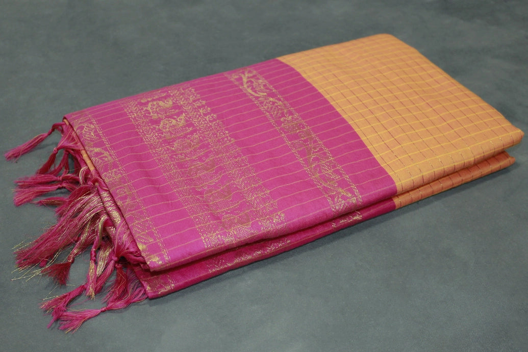 Kalyani Cotton Saree in Orange with Zari Checked & Zari Peacock Border and Blouse Piece