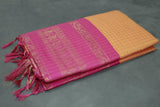 Kalyani Cotton Saree in Orange with Zari Checked & Zari Peacock Border and Blouse Piece