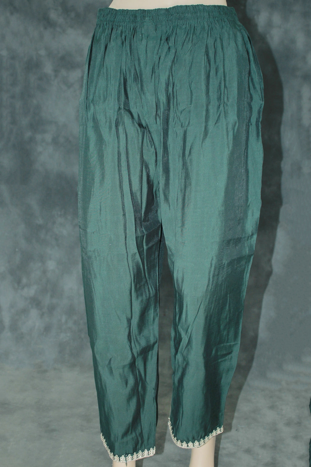 Dark Green Roman Silk 3-Piece Kurti Set with Elastic Pant, Side Pocket & Digital Dupatta