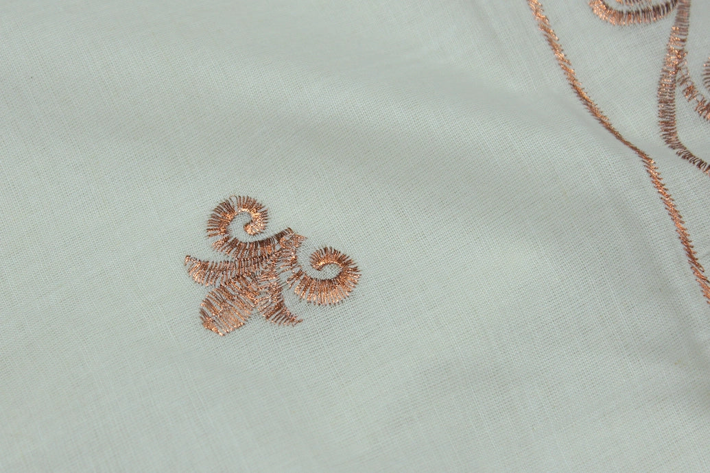 Pure Kerala Cotton Saree with Copper Zari Peacock Embroidery - White