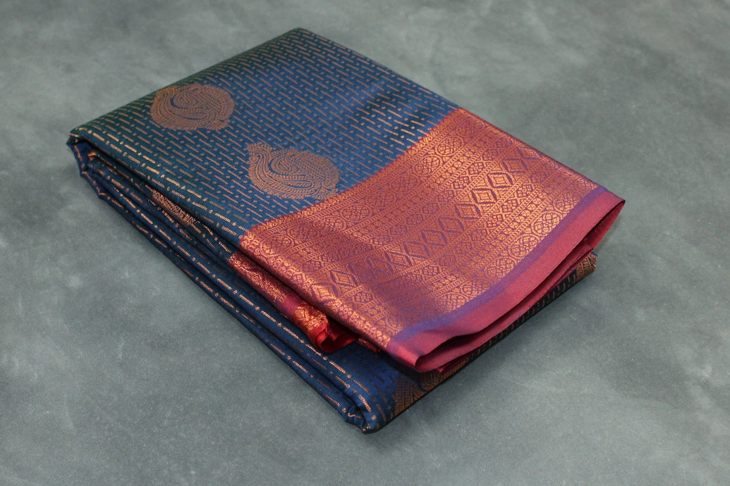Navy Blue Bridal Pattu Saree with Full Body Zari Work and Traditional Border, Semi Silk