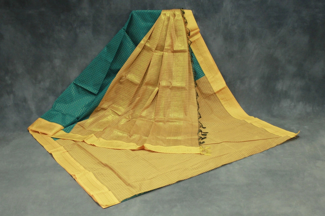 Green Kalyani Cotton Saree with Zari Checked & Peacock Border, Comes with Blouse
