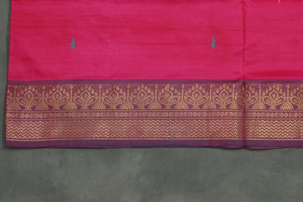 Steel Grey Vaazhai Naar (Banana Pith) Saree with Zari Border and Pink Pallu