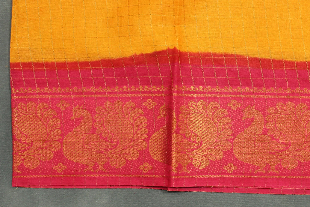 Sungudi Cotton Checked Saree in Yellow with Peacock Gold-Tone Zari Double Border Saree JCS Fashions