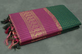 Dark Green Kalyani Cotton Saree with Zari Checked and Peacock Border and Blouse
