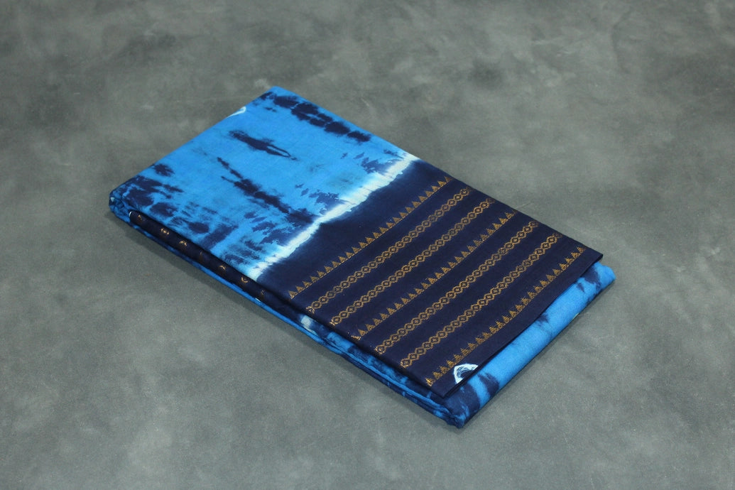 Sungudi Cotton Bandhani Saree in Blue with Golden Zari Striped Border