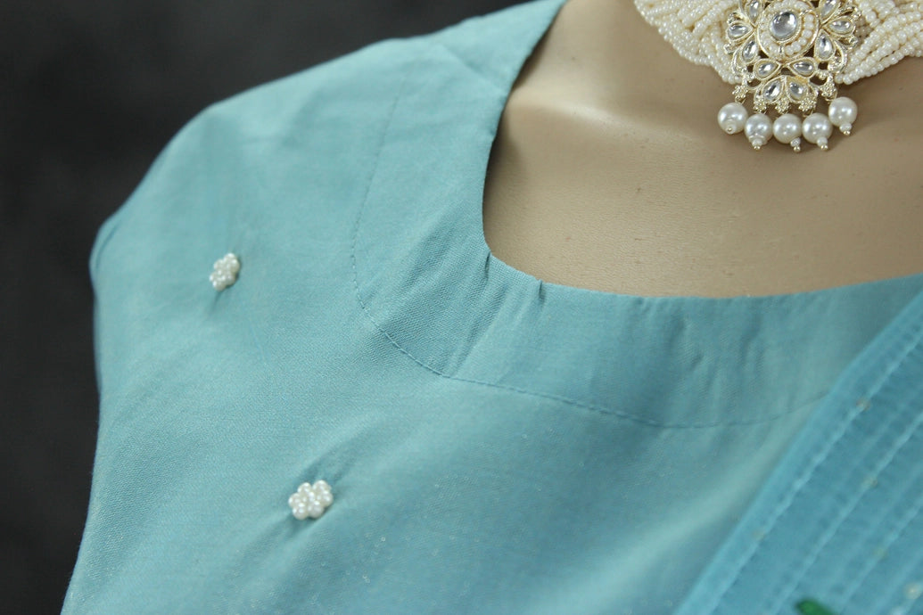 Pastel Blue Shimmer 3-Piece Salwar Suit with Aari & Pearl Embroidery, Organza Sequin and Printed Dupatta Kurti JCS Fashions