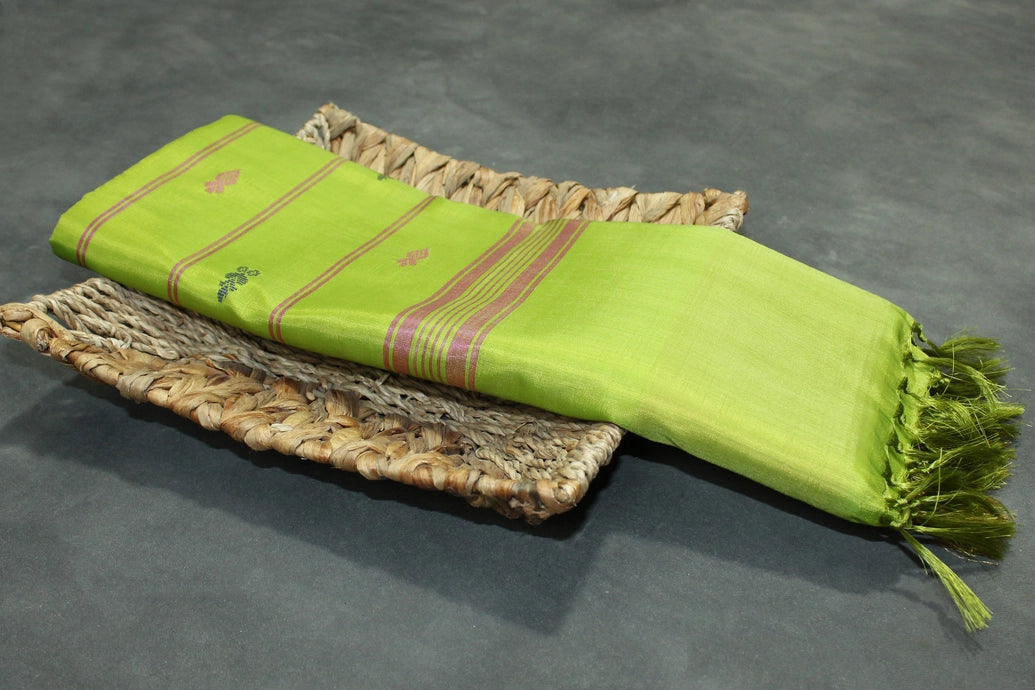 Pink & Light Green Vaazhai Naar (Banana Pith) Saree with Zari Border and Blouse Piece