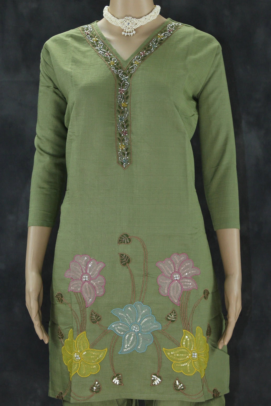 Olive Green Embroidered Cotton Kurti Set with Elastic Pant - V-Neck, Bead & Aari Work Kurti JCS Fashions