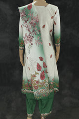 Cream and Green Crepe 3-Piece Salwar Suit with Embellished Kurti, Cotton Dupatta and Elastic Pants