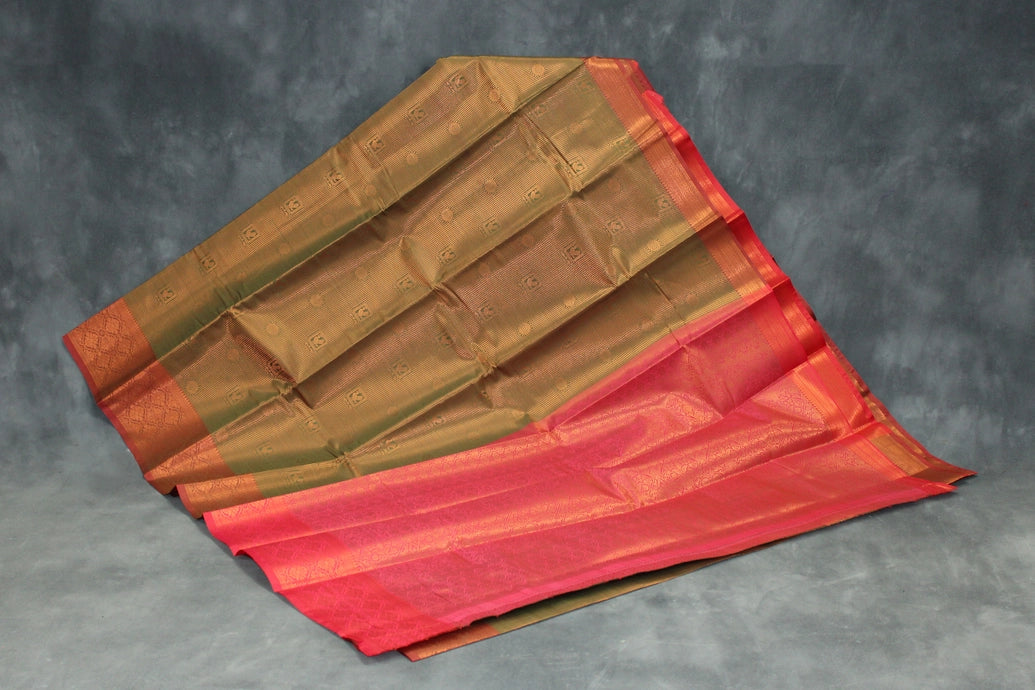Bridal Kubera Pattu Saree with Full Zari Work and Rich Border - Olive Green Cotton