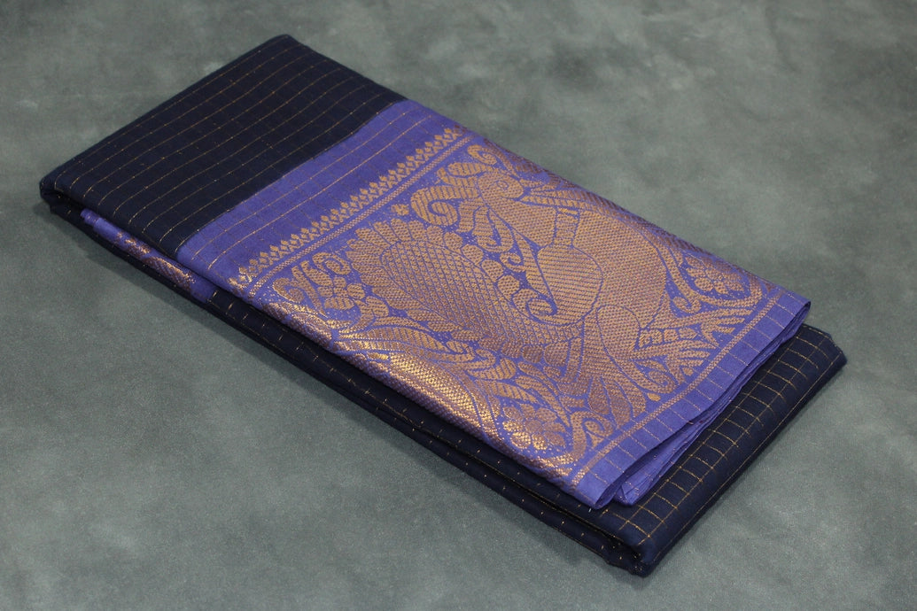 Deep Violet Sungudi Cotton Saree with Peacock Gold Zari Double Border Saree JCS Fashions