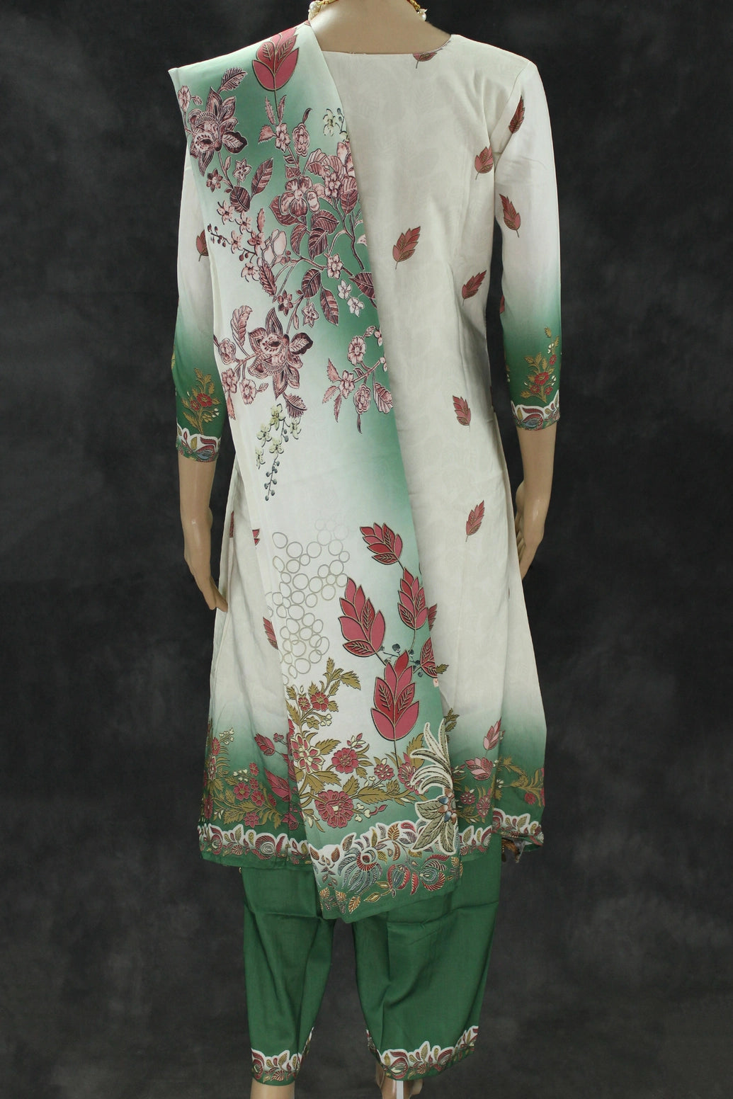 Cream and Green Printed Crepe Salwar Suit - 3 Piece Pakistani Style Kurti, Pant and Cotton Dupatta
