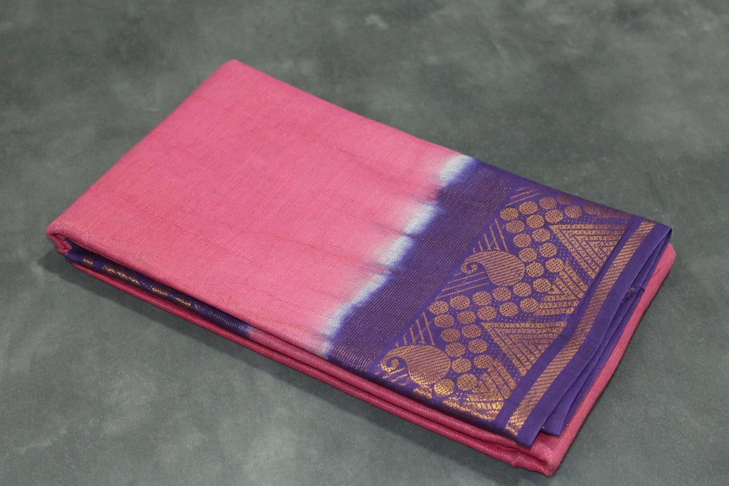 Pink Sungudi Cotton Saree with Purple Gold-Tone Zari Border, Vaira Oosi Diamond Pattern Saree JCS Fashions