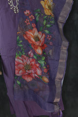 Lavender Roman Silk 3-Piece Salwar Suit with Organza Floral Digital Dupatta and Aari Pearl Neckwork Kurti JCS Fashions