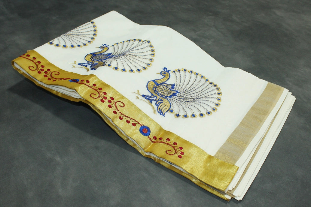 White Kerala Cotton Saree with Gold Zari Border and Peacock Embroidery | Blouse Piece