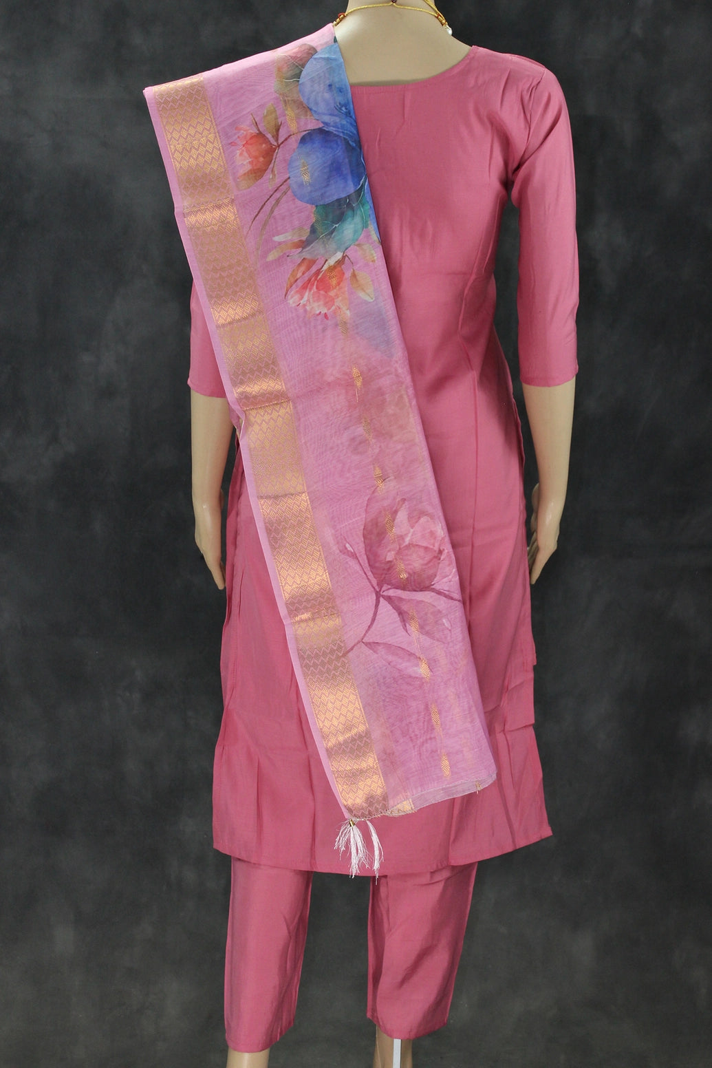 Soft Pink Roman Silk 3-Piece Salwar Kameez Set with Aari & Pearl Neck Embroidery and Organza Digital Dupatta Kurti JCS Fashions