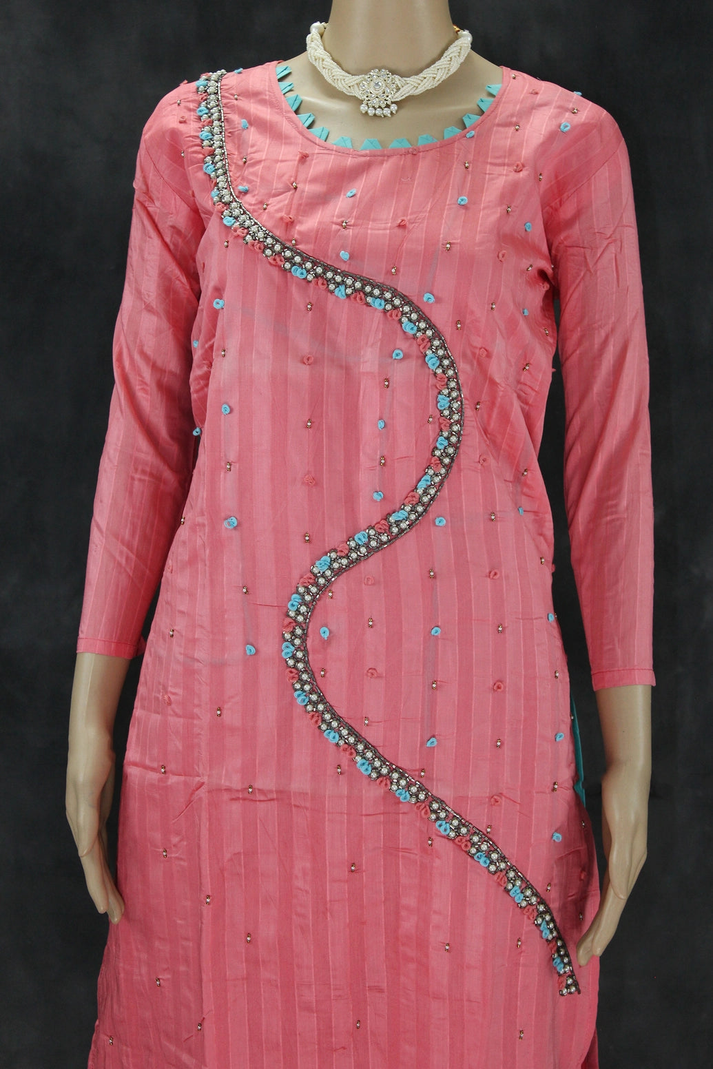 Pink Silk-Cotton Embellished Kurti Set with Pearl Beads, Aari & Thread Work - Top with Elastic Pant Kurti JCS Fashions