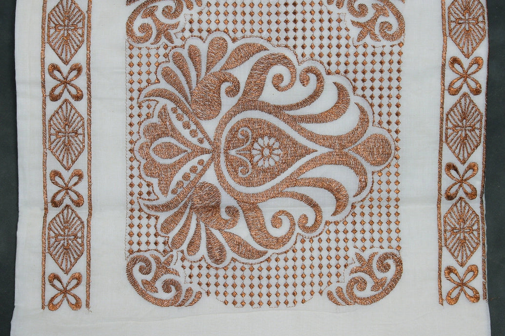 Pure Kerala Cotton White Saree with Copper Zari Peacock & Leaf Embroidery