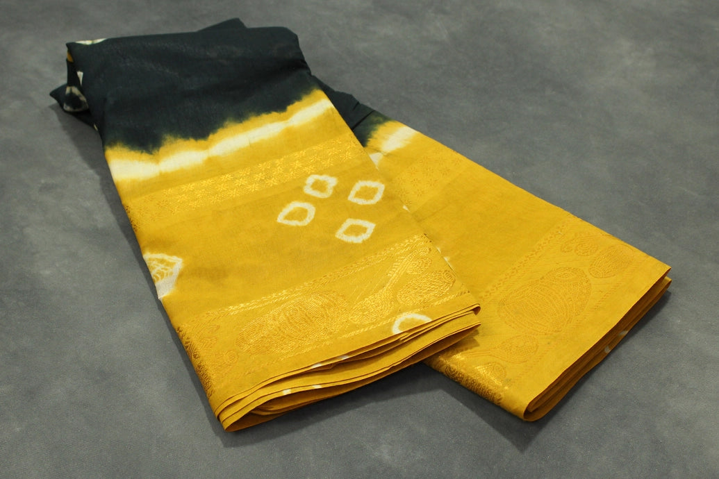 Pure Sungudi Bandhani Saree with Golden Zari Border - Dark Green & Mustard Tie-Dye Saree JCS Fashions