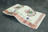 White Kerala Cotton Saree with Rich Peacock Machine Embroidery in Copper Zari and Delicate Copper Border
