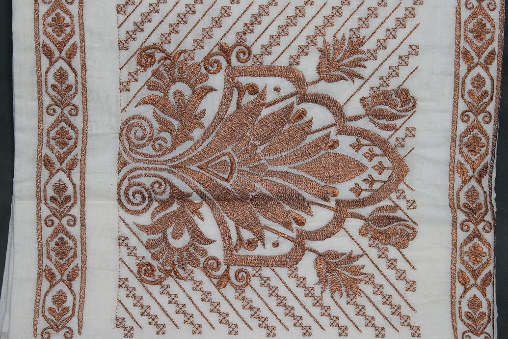 Pure Kerala Cotton White Saree with Copper Zari Peacock Embroidery and Blouse Piece