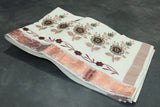 Pure Kerala Cotton White Saree with Copper Zari Border and Embroidered Peacock Floral Pallu