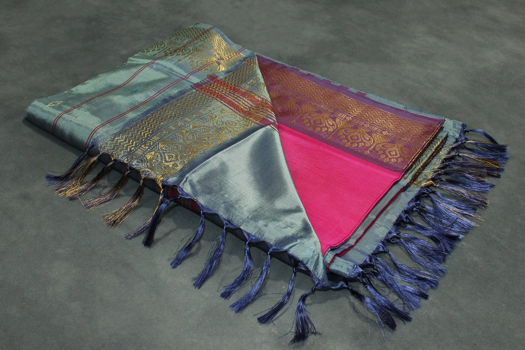 Steel Grey Vaazhai Naar (Banana Pith) Saree with Zari Border and Pink Pallu