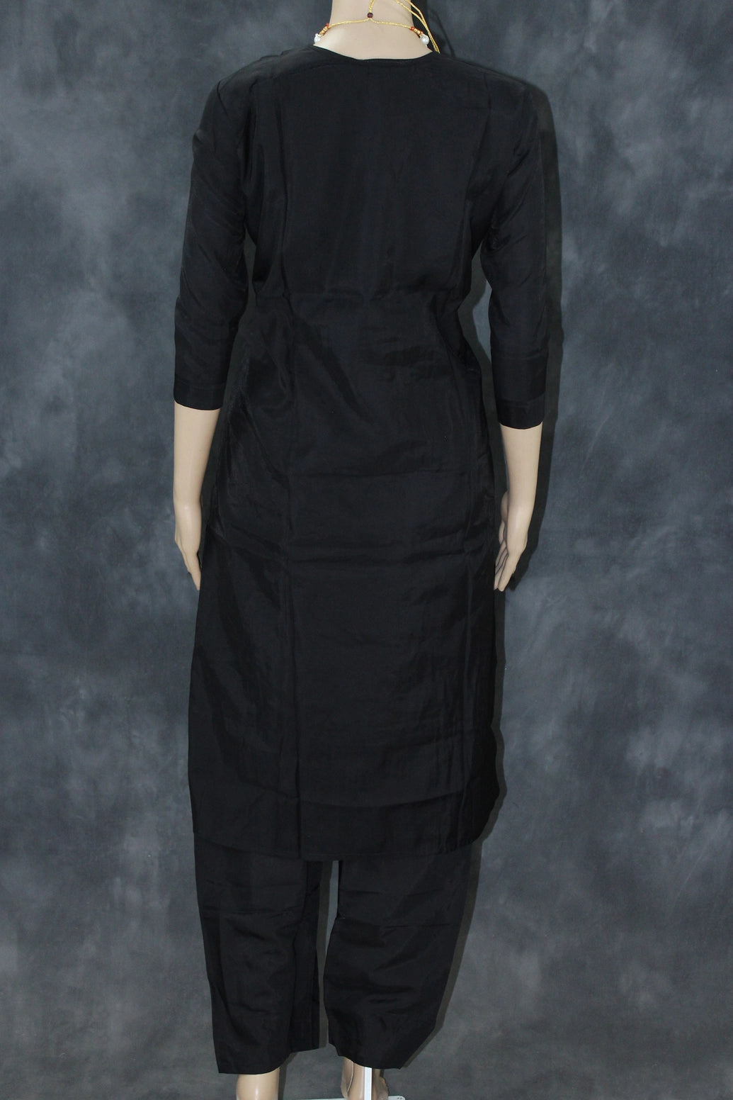 Black Silk 3-Piece Pakistani Salwar Suit with Embroidered V-Neck and Organza Dupatta