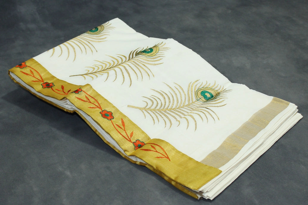 Pure Kerala Cotton White Saree with Gold-Tone Peacock Zari Embroidery and Blouse Piece
