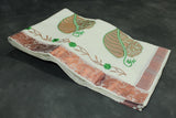 Pure Kerala Cotton White Saree with Copper Zari Peacock & Floral Embroidery