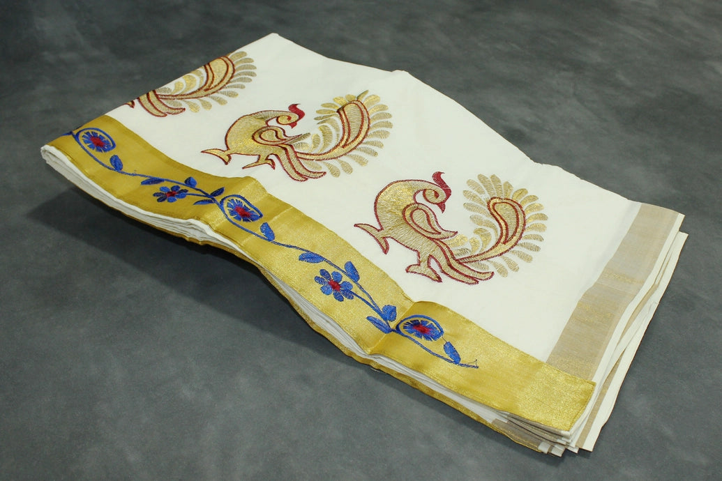Pure Kerala Cotton White Saree with Gold Zari Peacock Embroidery Pallu – Blouse Piece Included