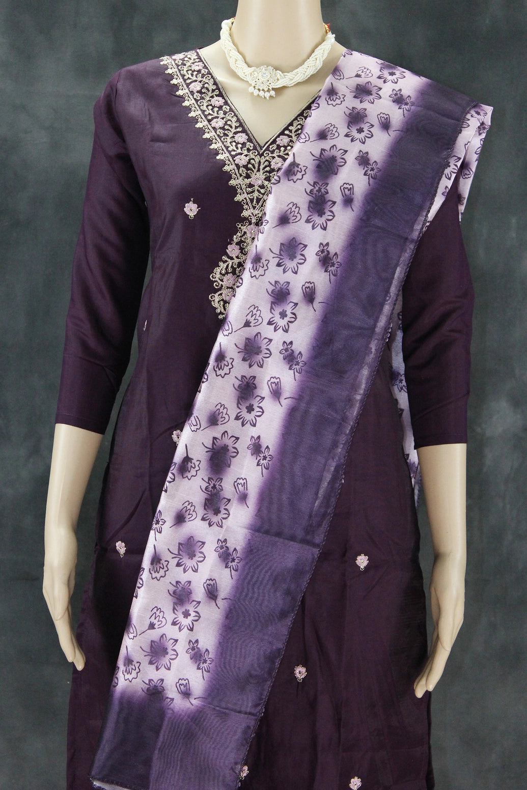 Roman Silk Wine Embroidered 3-Piece Kurta Set with Printed Digital Dupatta and Sequin Zari Handwork Kurti JCS Fashions