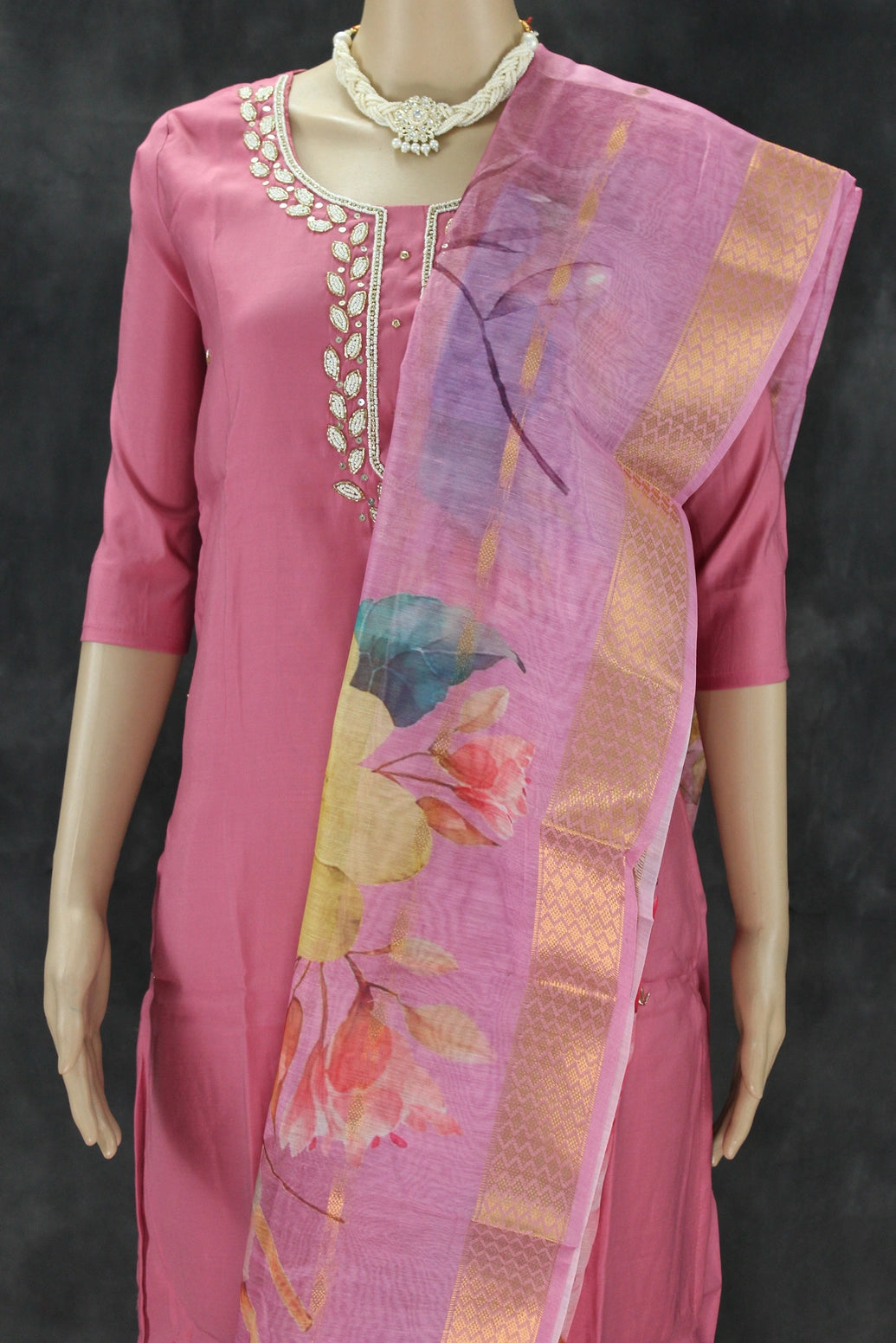 Soft Pink Roman Silk 3-Piece Salwar Kameez Set with Aari & Pearl Neck Embroidery and Organza Digital Dupatta Kurti JCS Fashions