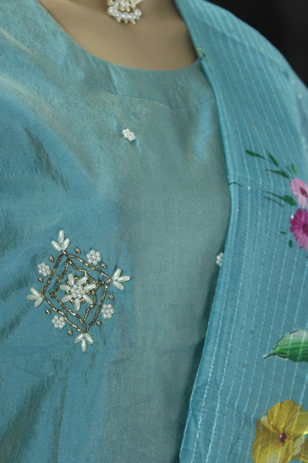 Pastel Blue Shimmer 3-Piece Salwar Suit with Aari & Pearl Embroidery, Organza Sequin and Printed Dupatta Kurti JCS Fashions