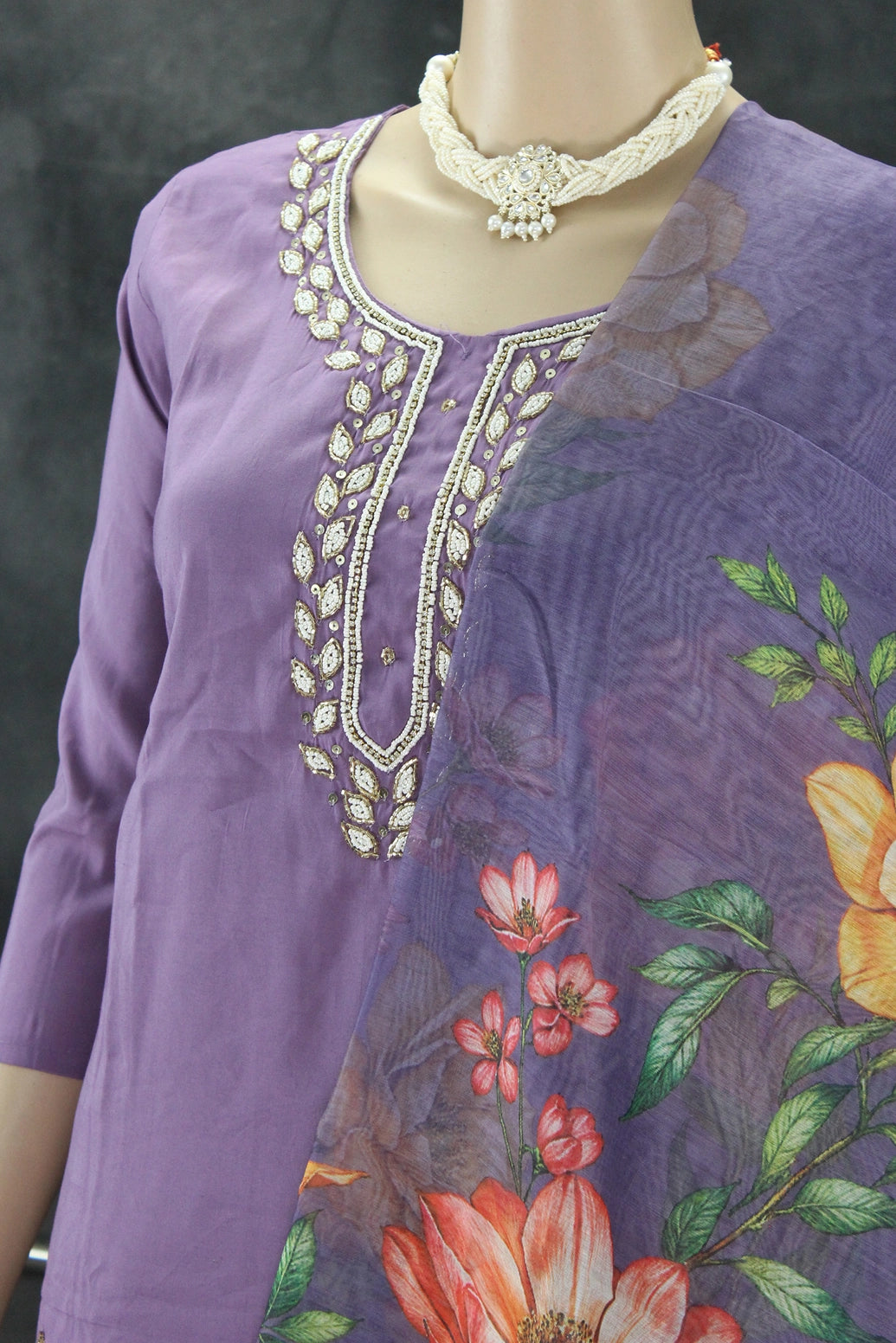 Lavender Roman Silk 3-Piece Salwar Suit with Organza Floral Digital Dupatta and Aari Pearl Neckwork Kurti JCS Fashions
