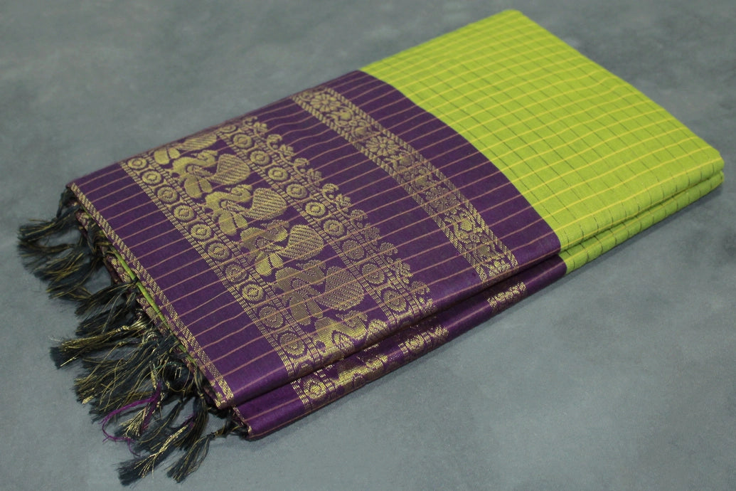 Green Kalyani Cotton Saree with Zari Checked & Peacock Border, Comes with Blouse