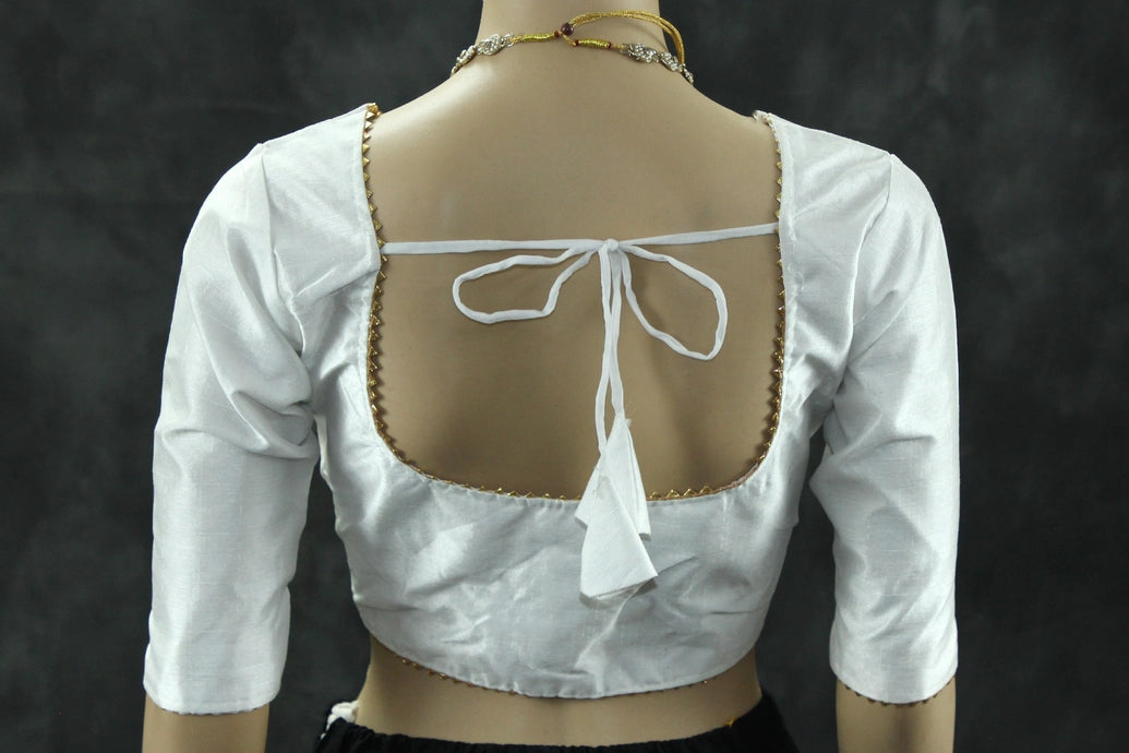 Readymade Padded White Raw Silk Blouse - Elbow Sleeve with Back Knot Blouse JCS Fashions