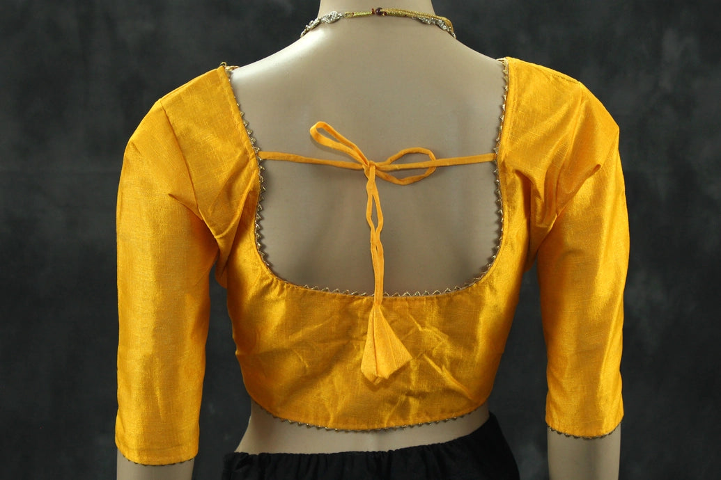 Readymade Padded Yellow Raw Silk Blouse - Elbow Sleeve with Back Knot Blouse JCS Fashions