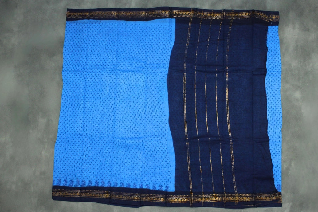 Blue Poly Cotton Printed Saree with Navy Golden Border - 5.5m