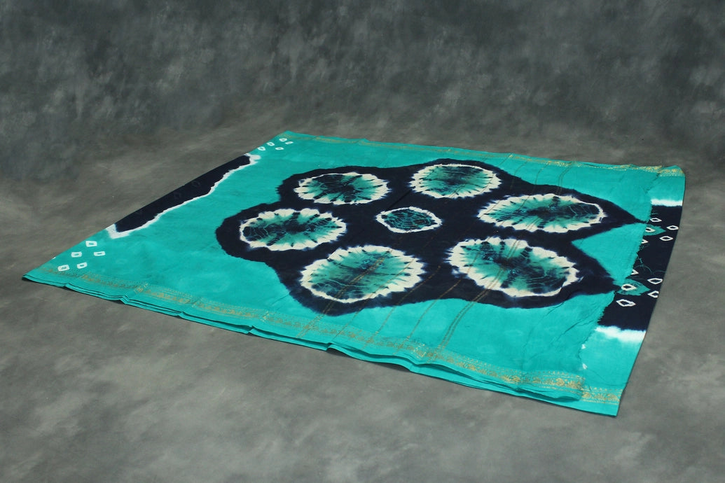 Bandhani Sungudi Cotton Saree with Golden Zari Border-Navy Blue & Teal Saree JCS Fashions
