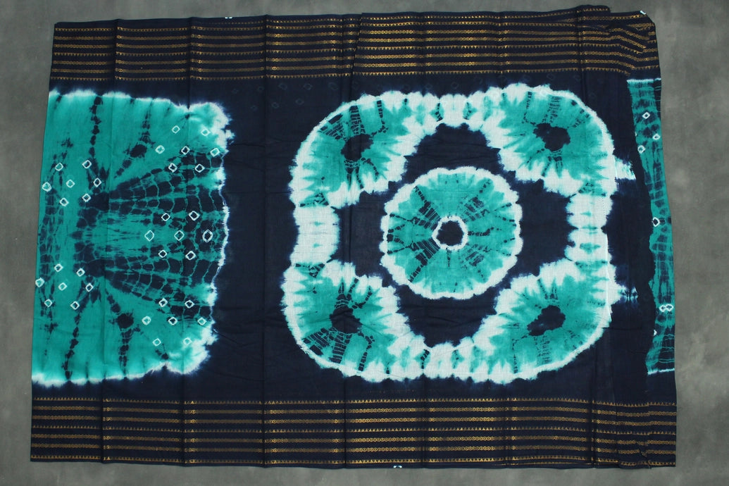 Teal Green Bandhani Sungudi Cotton Saree with Navy Zari-Striped Border Saree JCS Fashions
