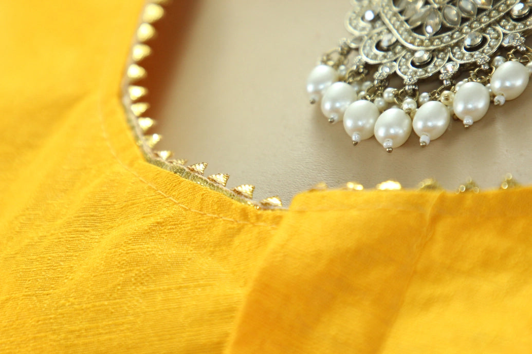 Readymade Padded Yellow Raw Silk Blouse - Elbow Sleeve with Back Knot Blouse JCS Fashions