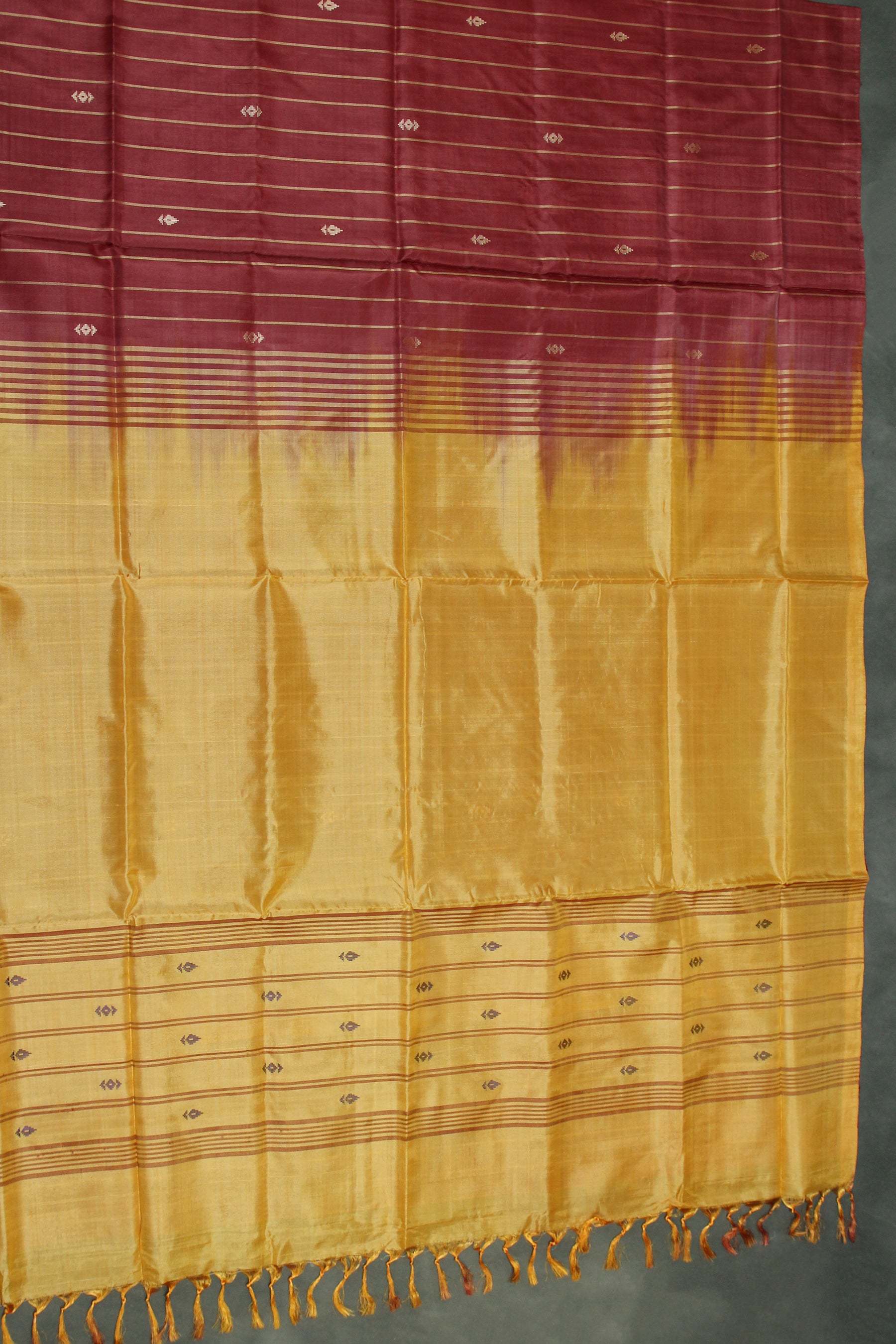 Traditional Orange Vaazhai Naar (Banana Pith) Borderless Saree with Small Butta Motifs and Contrast Pallu