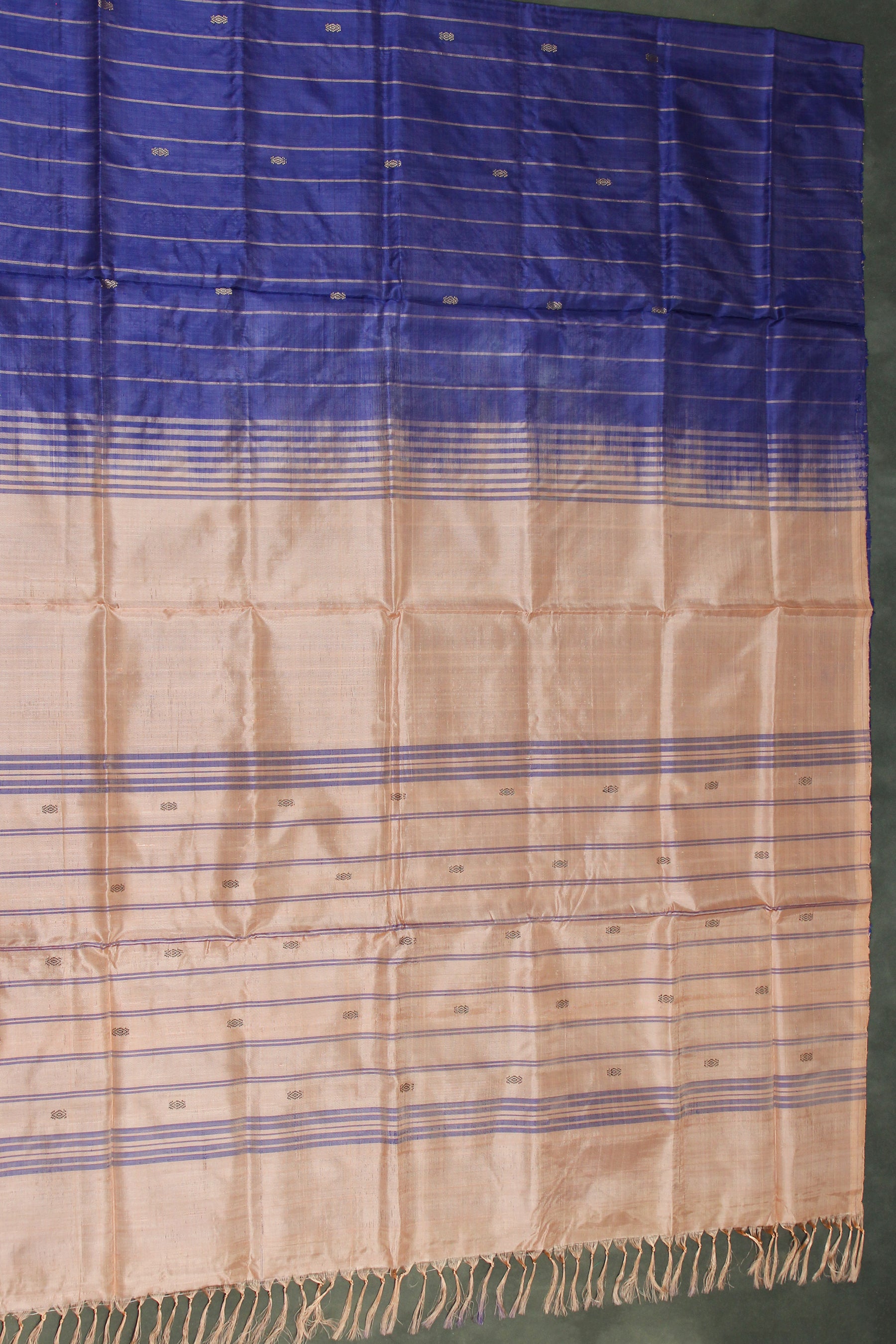 Peach Vaazhai Naar (Banana Pith) Saree with Small Buttas and Blue Pallu