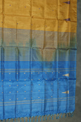 Blue & Mustard Vaazhai Naar (Banana Pith) Saree with Small Butta Allover, Borderless Design, Striped Pallu
